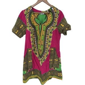 Lapogee Dashiki Tunic Top Womens 1X Pink Green Cotton Tribal Print Short Sleeve